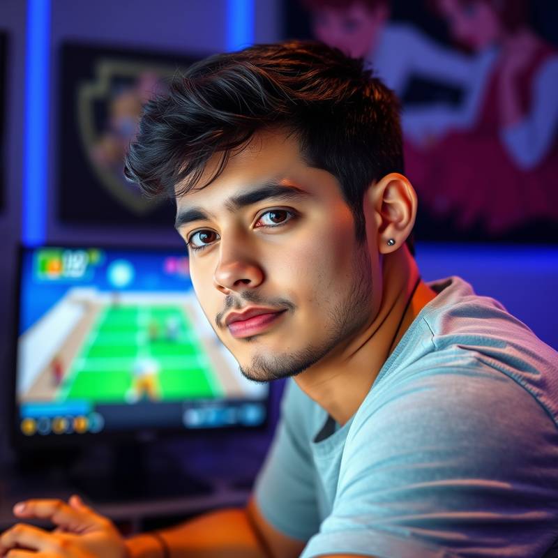 Retrato de Diego Sánchez, Instructor de Desarrollo de Videojuegos, con un rostro concentrado y un videojuego en desarrollo visible en la pantalla