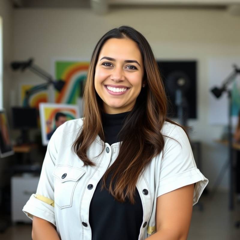 Retrato de Elena Ramírez, instructora de diseño gráfico con una sonrisa amable y un entorno de diseño en el fondo