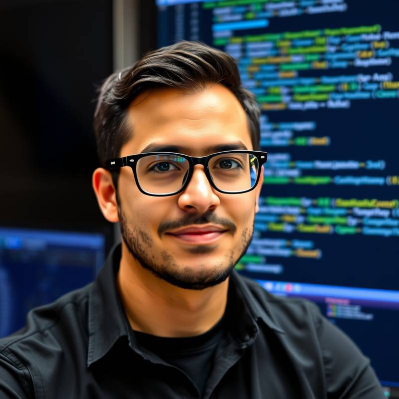 Retrato de Javier Mendoza, instructor de desarrollo web con gafas y un entorno de código en la pantalla