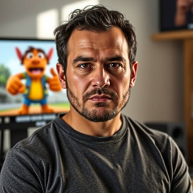 Retrato de Pablo Ruiz, Instructor de Animación 3D, con una expresión seria y un monitor mostrando un personaje animado al fondo