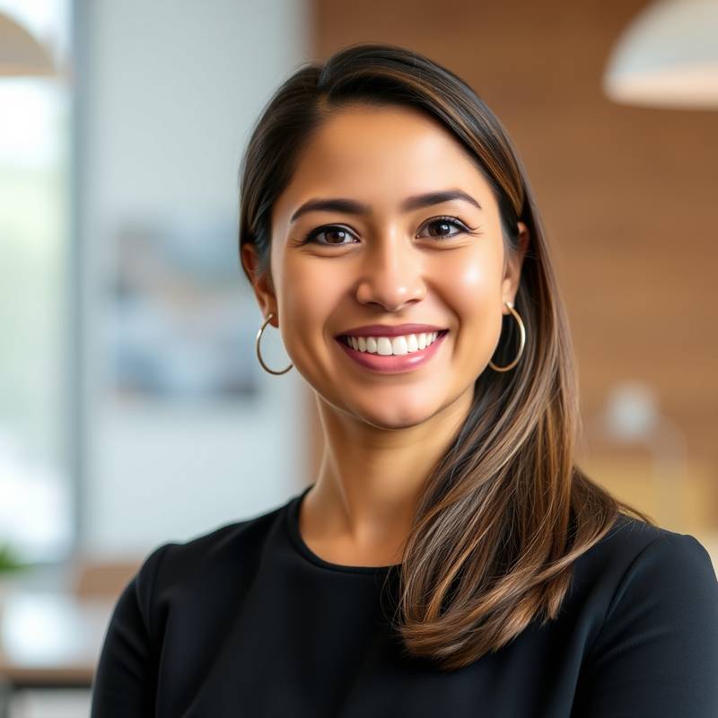 Retrato de Sofía Vargas, instructora de marketing digital con una sonrisa profesional y un entorno de oficina moderna